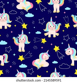 Seamless pattern with cute unicorns on the sky with stars. Vector illustration of a fairy tale.