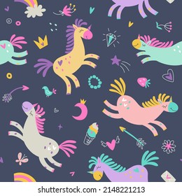 Seamless pattern of cute unicorns on a dark background. Vector illustration. Birthday concept