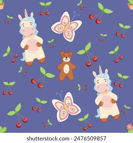 Seamless pattern with cute unicorns on purple background. Vector illustration. Perfect for textile, wallpaper or print design,cartoon background, texture for bedsheets, pajamas, wrapping papers.