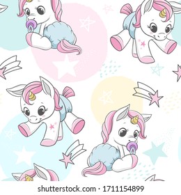 Seamless pattern with cute unicorns in pastel colors on a white background. Design with stars, dots and colorful spots.