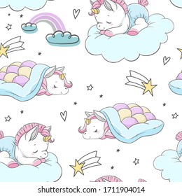 Seamless pattern with cute unicorns in pastel colors on a white background. Design with stars, hearts, clouds and rainbow.