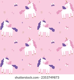 Seamless pattern with cute unicorns. Purple and violet icons on pink background
Perfect for textile, wallpaper or print design. Unicorn pictures to print.