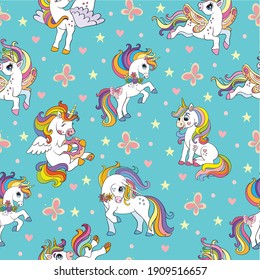 Seamless pattern cute unicorns with rainbow mane isolated on turquoise background. Vector illustration for party, print, baby shower, wallpaper, design, decor,design cushion, linen, dishes