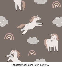 Seamless pattern with cute unicorns and rainbow. Hand drawn magic horn fly on sky. Flat celestial vector illustration.