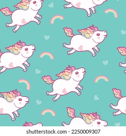 Seamless pattern with cute unicorns and rainbow