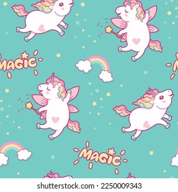 Seamless pattern with cute unicorns and rainbow