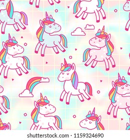 Seamless Pattern with Cute Unicorns, Rainbows and Clouds
