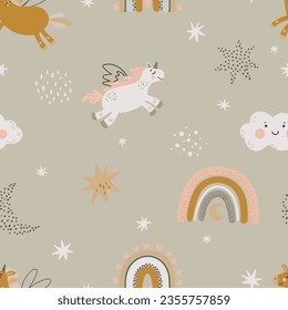 
Seamless pattern with cute unicorns and rainbows for baby fabric, paper, postcards