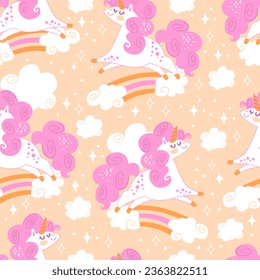 Seamless pattern with cute unicorns, rainbows and sparks on orange background. Vector illustration for party, print, baby shower, wallpaper, design, decor, linen, dishes, bed linen, apparel