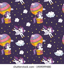 Seamless pattern cute unicorns in the sky isolated on navy background. Vector illustration for party, print, baby shower, wallpaper, design, decor,design cushion, linen, dishes