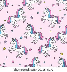 Seamless pattern with cute unicorns, stars on pink background.