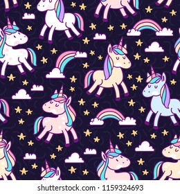 Seamless Pattern with Cute Unicorns and Stars on Dark Background