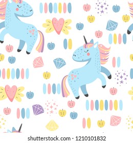 Seamless pattern with cute unicorns, stars and hearts. Babies background in vector. Perfect for wrapping presents, scrapbook pages, cards or party decorations.