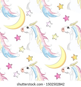 Seamless pattern with cute unicorns, stars, hearts, rainbow, moon, doodle abstractions. Magic endless background with little unicorns. Hand drawn