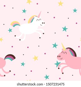Seamless pattern with cute unicorns and stars. Light colors. Scandinavian style. Good for children