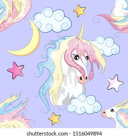 Seamless pattern with cute unicorns, stars, hearts, rainbow, moon, doodle abstractions. Magic endless background with little unicorns. Hand drawn