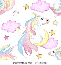 Seamless pattern with cute unicorns, stars, hearts, rainbow, moon, doodle abstractions. Magic endless background with little unicorns. Hand drawn