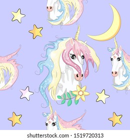 Seamless pattern with cute unicorns, stars, hearts, rainbow, moon, doodle abstractions. Magic endless background with little unicorns. Hand drawn