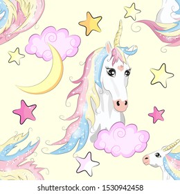 Seamless pattern with cute unicorns, stars, hearts, rainbow, moon, doodle abstractions. Magic endless background with little unicorns. Hand drawn