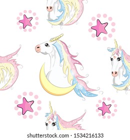 Seamless pattern with cute unicorns, stars, hearts, rainbow, moon, doodle abstractions. Magic endless background with little unicorns. Hand drawn