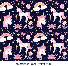 Seamless pattern with cute unicorns, stars, hearts, rainbow, moon, doodle abstractions. Magic endless background with little unicorns. Hand drawn colorful vector illustration. Unicorns are separated.