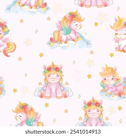 Patrón sin fisuras de lindos unicornios y estrellas sobre un fondo pastel.