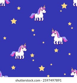 Seamless pattern with a cute unicorns and stars on dark blue background. Vector illustration