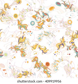 Seamless pattern with cute unicorns, stars, hearts, clouds, rainbow and cakes, donuts. Magic endless background with little unicorns. Hand drawn colorful vector illustration. Unicorns are separated.