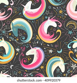 Seamless pattern with cute unicorns, stars, hearts, rainbow, moon, doodle abstractions. Magic endless background with little unicorns. Hand drawn colorful vector illustration. Unicorns are separated.