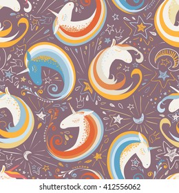 Seamless pattern with cute unicorns, stars, hearts, rainbow, moon, doodle abstractions. Magic endless background with little unicorns. Hand drawn colorful vector illustration. Unicorns are separated.