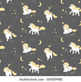 Seamless pattern with cute Unicorns, stars and moon. Vector illustration.