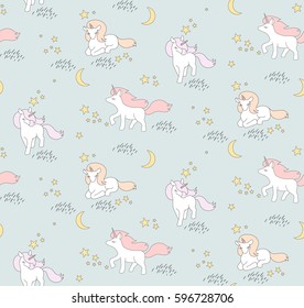 Seamless pattern with cute Unicorns, stars and moon. Vector illustration.