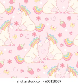 Seamless pattern with cute unicorns and strawberry, diamond, letter of love, hearts, flowers and butterflies.Vector magic background with stickers, pins, patches in cartoon style.