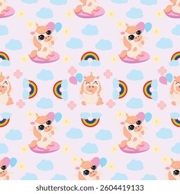 Seamless pattern with cute unicorns, summer animals, rainbows, clouds, and flowers on a pastel background. Perfect for children's products, textiles, wallpapers, gift wrapping, and party decorations