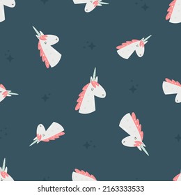 Seamless pattern with cute unicorns. Vector illustration for gift boxes, wrapping paper, holiday decorations, party.