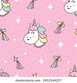 Patrón sin costuras con lindos unicornios. Cabeza de unicornio blanco con cuerno de arco iris. Fondo del Vector del patrón del bebé. Diseño japonés de moda Kawaii. Dulces animales. Fondo de chica rosa. Plantilla para fiesta de baby shower