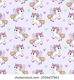 Seamless pattern of cute unicorns with wings. The background is a magical pony with a golden horn. Can be used in printing, wallpaper, packaging, postcards, web design