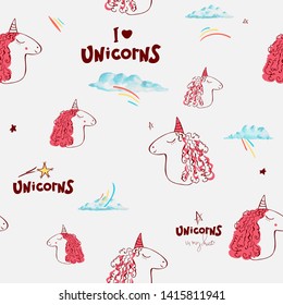 Seamless pattern. cute unicorns, word unicorn. white background Hand drawn vector illustration. Horse head. Cute magic cartoon fantasy animal. for children, interior, fabric, apparel, textile.