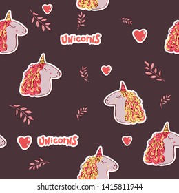 Seamless pattern with cute unicorns , word unicorn. Hand drawn vector illustration. Horse head. Cute magic cartoon fantasy animal. for children, baby room interior, fabric, apparel, textile