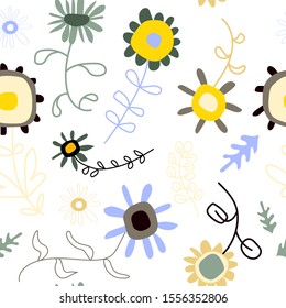 Seamless pattern with cute unusual flowers and leaves in Scandinavian style. Fantastic vector background with fairy plants. Beautiful design for fabric, textile, wrapping paper. Decor in folk style