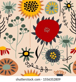 Seamless pattern with cute unusual flowers and leaves in Scandinavian style. Fantastic vector background with fairy plants. Beautiful design for fabric, textile, wrapping paper. Decor in folk style