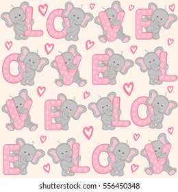 seamless pattern with cute valentine elephant - vector illustration, eps