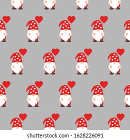 Seamless pattern with cute Valentine gnome holding heart balloon.
