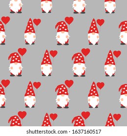 Seamless pattern with cute Valentine gnomes holding heart balloons. Cartoon style greeting