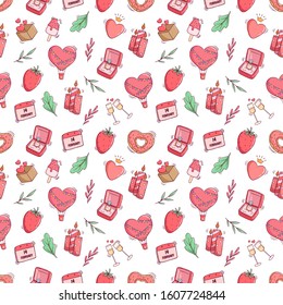 Seamless pattern of cute valentine icons with doodle style on white background