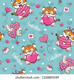 Seamless Pattern Cute Valentine With Tiger, Cute Cartoon Illustration