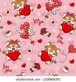 Seamless Pattern Cute Valentine With Tiger, Cute Cartoon Illustration