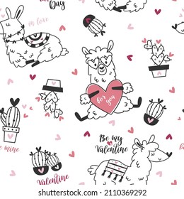 Seamless pattern with cute Valentine's day llamas.