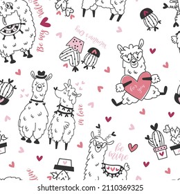 Seamless pattern with cute Valentine's day llamas.