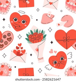 Seamless pattern with cute Valentines Day elements. Print for wallpaper, wrapping paper, textile, banners. Vector illustration in flat style